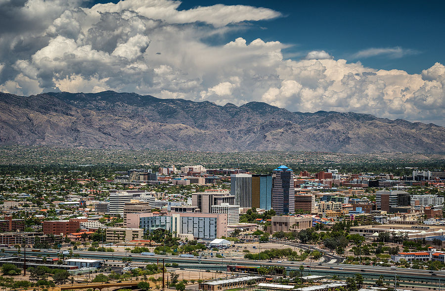 Tucson Skyline And Santa Catalina Mountain Range From Sentinel Peak Park, Tucson, Arizona, Usa